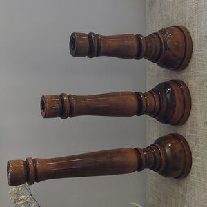 Set 3 Matching Hand Lathe Turned Vintage Wooden Candlestick Holders